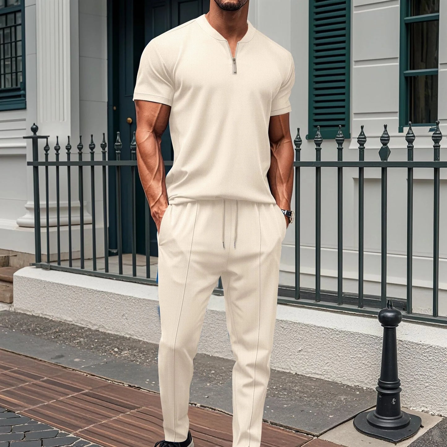 Men's Waffle Knit Polo and Trousers Set