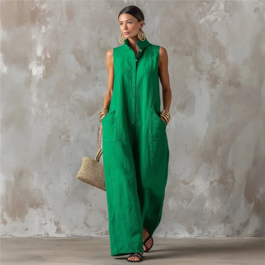 Sleeveless Collared Wide Leg Jumpsuit with Pockets