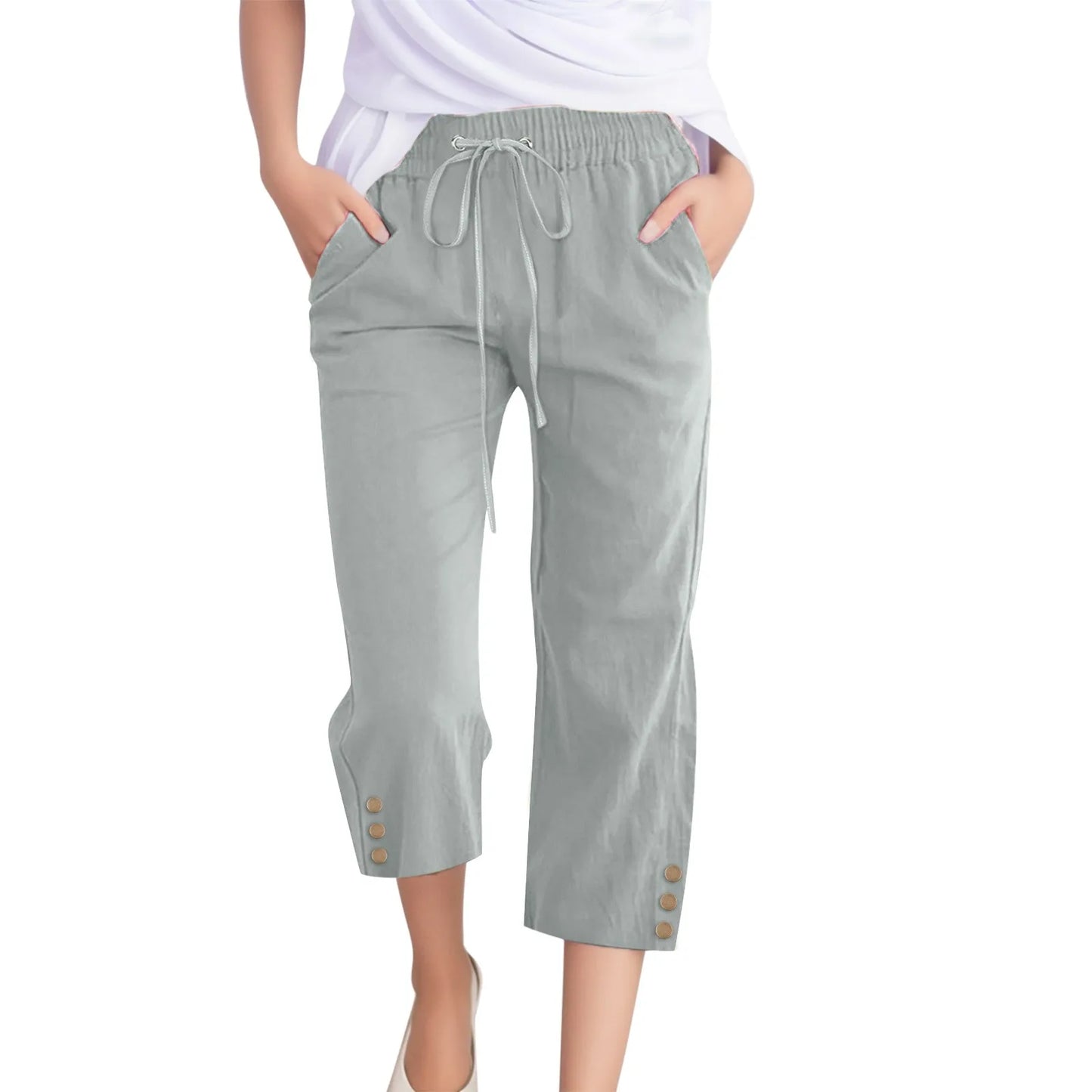 Light gray capri pants with drawstring waist on a white background