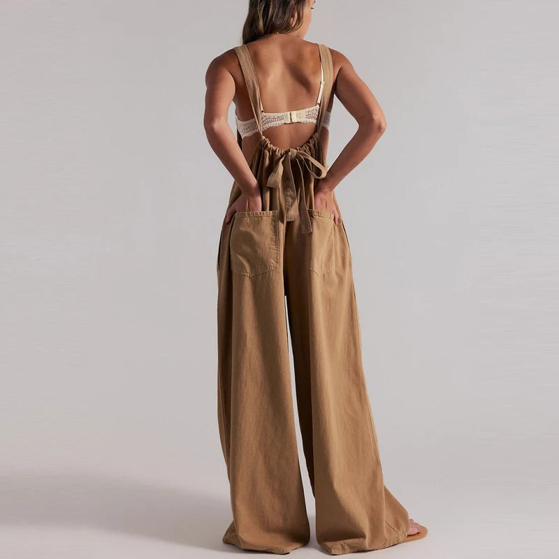 Wide-Leg Denim Overall Jumpsuit