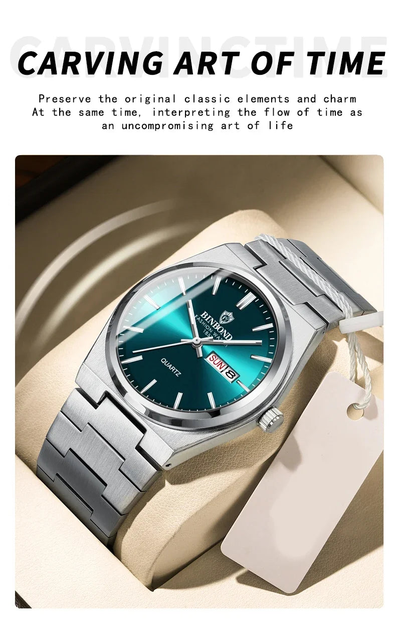 Silver watch with a green face on a beige surface, featuring text about preserving the original classic elements of time.