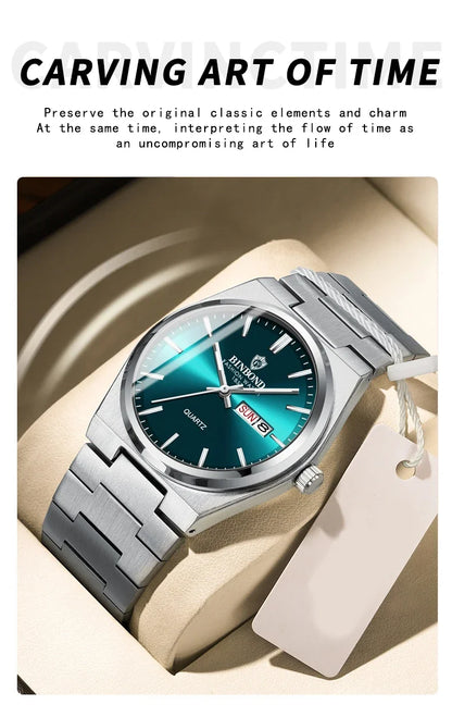 Silver watch with a green face on a beige surface, featuring text about preserving the original classic elements of time.