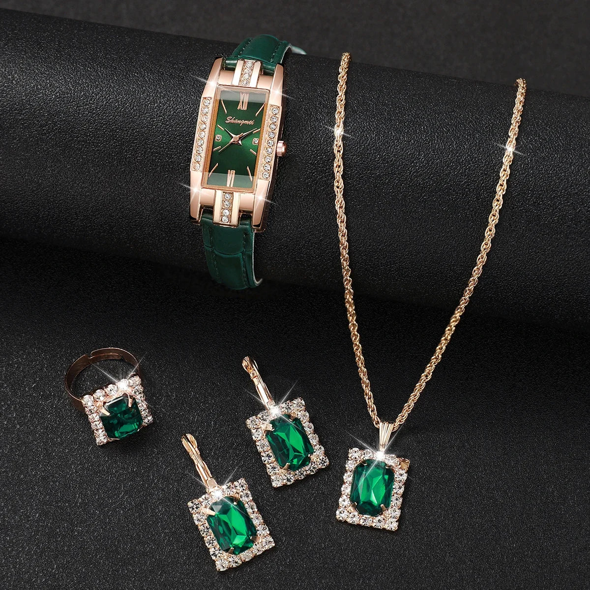5-Piece Elegant Baroque Rhinestone Women's Watch & Jewelry Set