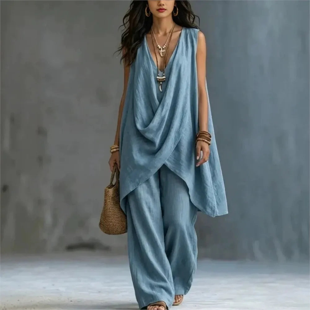 Women's Sleeveless Asymmetrical Linen Blend Set