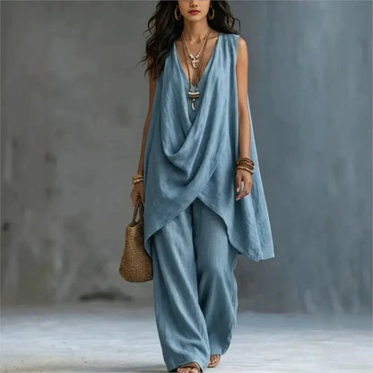 Women's Sleeveless Asymmetrical Linen Blend Set