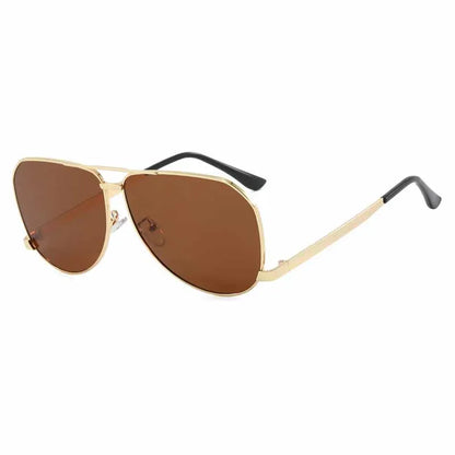 Aviator sunglasses with gold frame and brown lenses on a white background