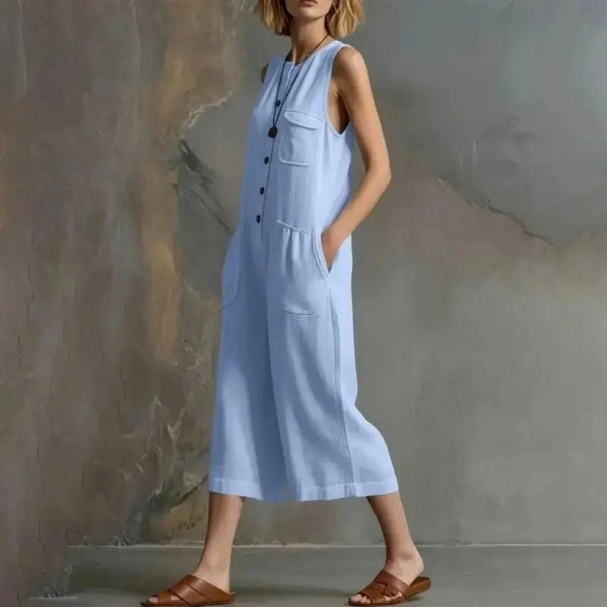 Woman wearing a light blue sleeveless jumpsuit against a textured wall.