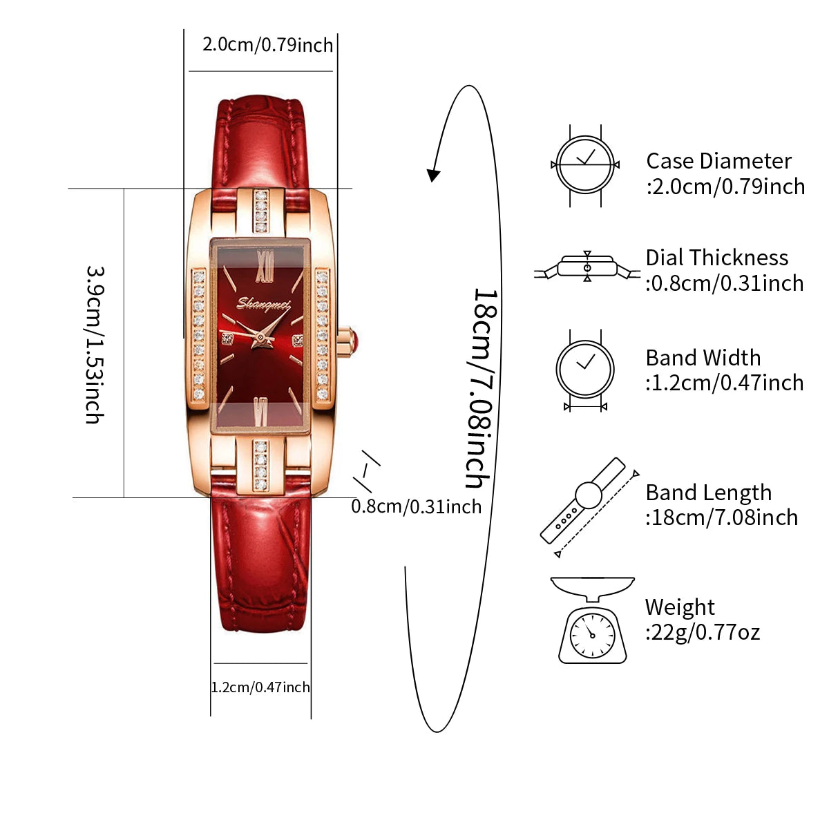Red watch with detailed measurements on a white background