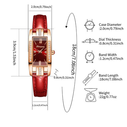 Red watch with detailed measurements on a white background