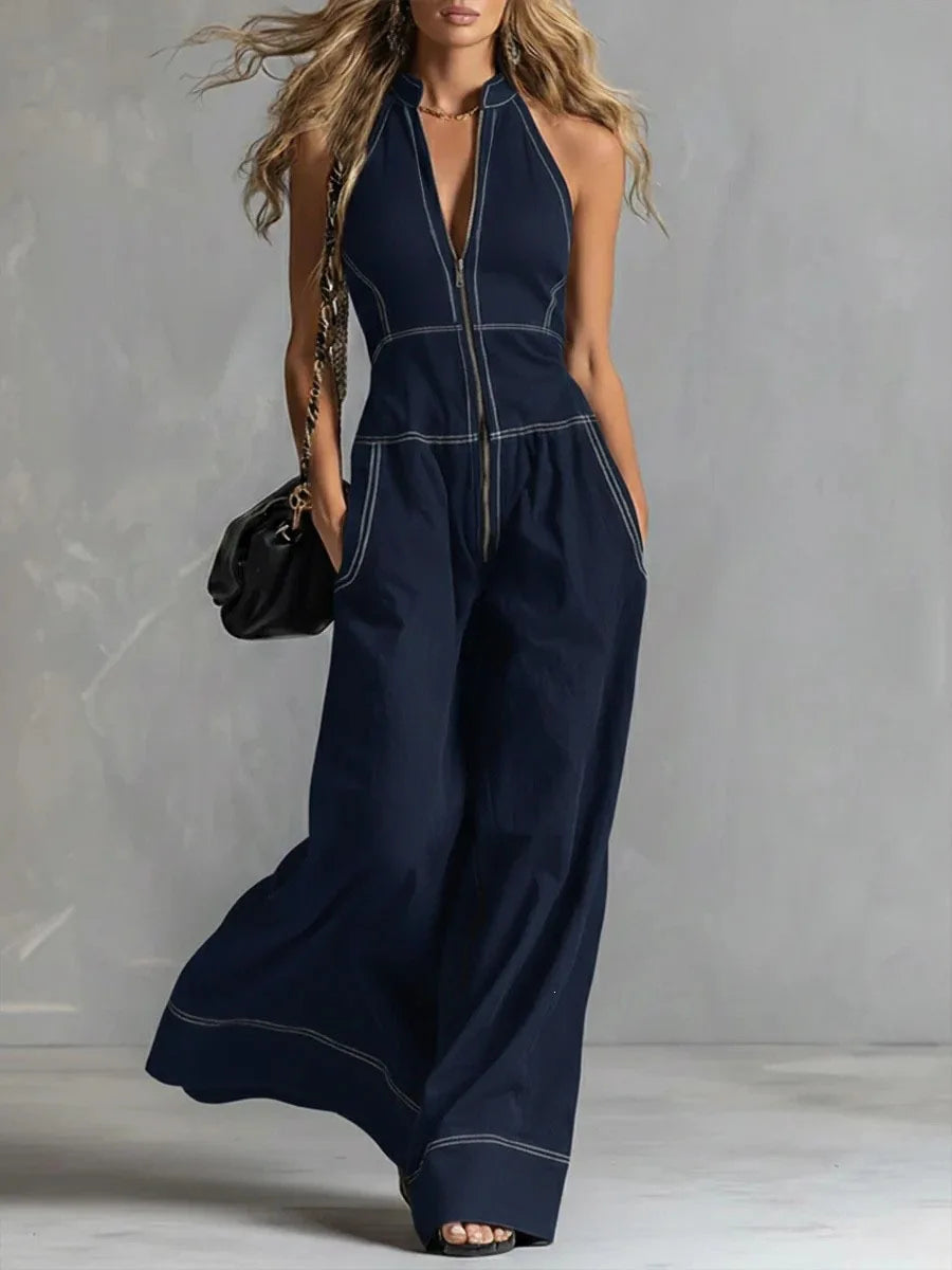 Sleeveless Wide Leg Zipper Jumpsuit