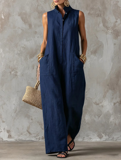 Sleeveless Collared Wide Leg Jumpsuit with Pockets
