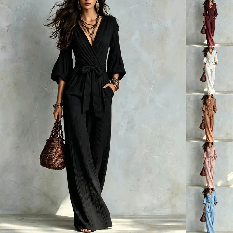 Elegant V-Neck Puff Sleeve Jumpsuit