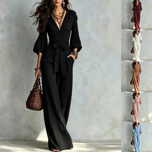 Elegant V-Neck Puff Sleeve Jumpsuit