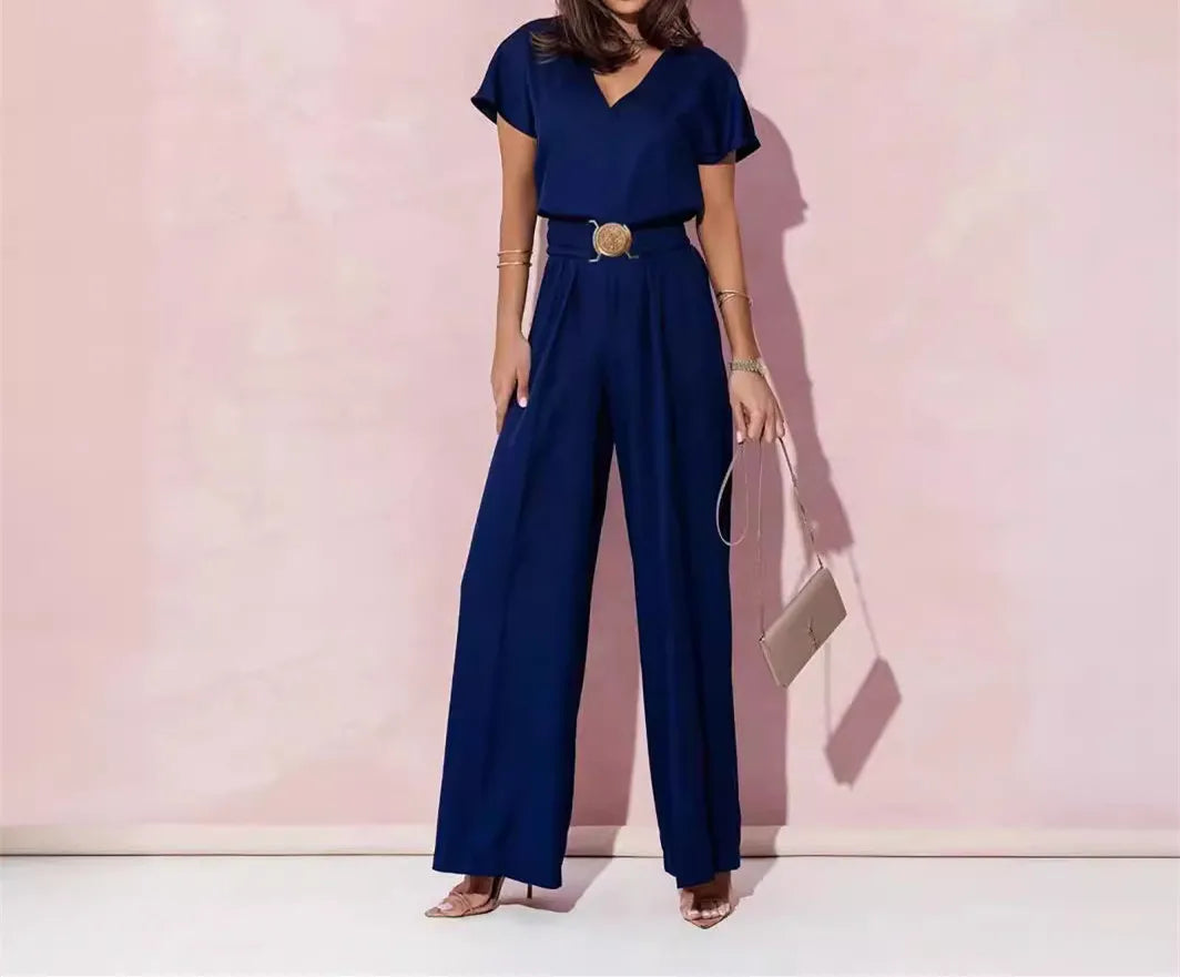 Women's Elegant V-Neck Wide Leg Jumpsuit