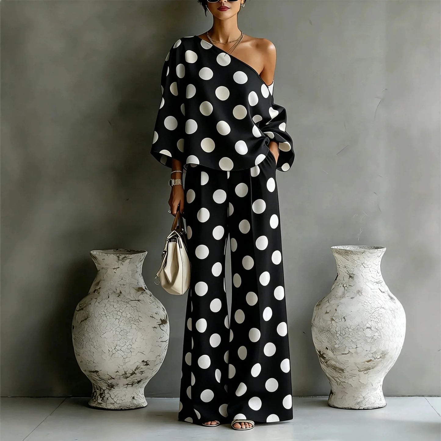 Polka Dot Off Shoulder Wide Leg Pant Set