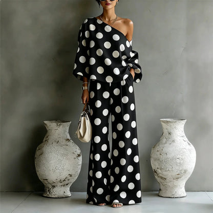 Polka Dot Off Shoulder Wide Leg Pant Set