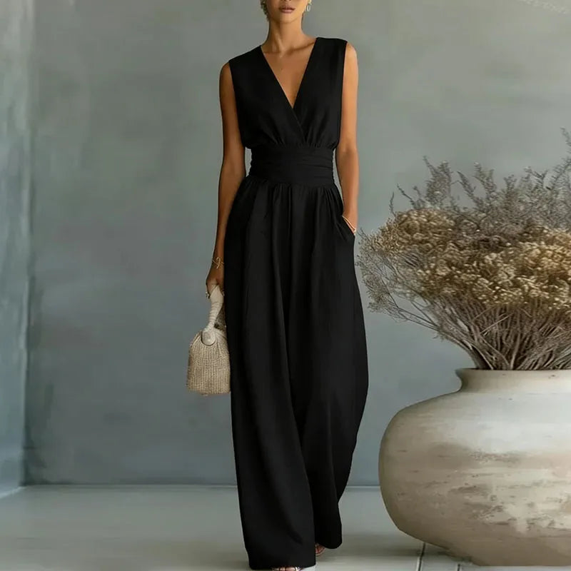Deep V Wrap Wide Leg Jumpsuit