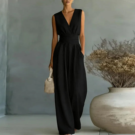 Deep V Wrap Wide Leg Jumpsuit
