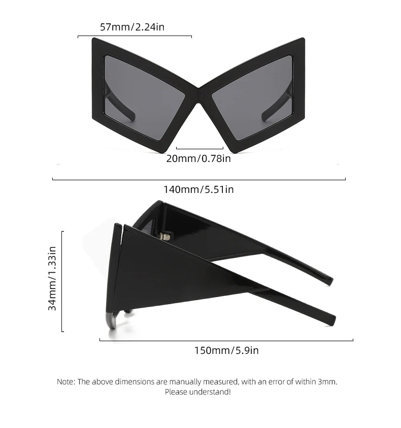 Black angular sunglasses shown from front and side views with dimension labels and measurements on a white background.