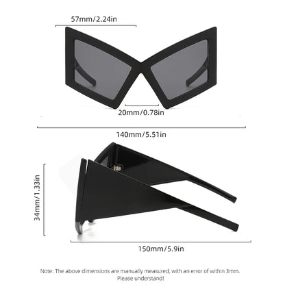 Black angular sunglasses shown from front and side views with dimension labels and measurements on a white background.