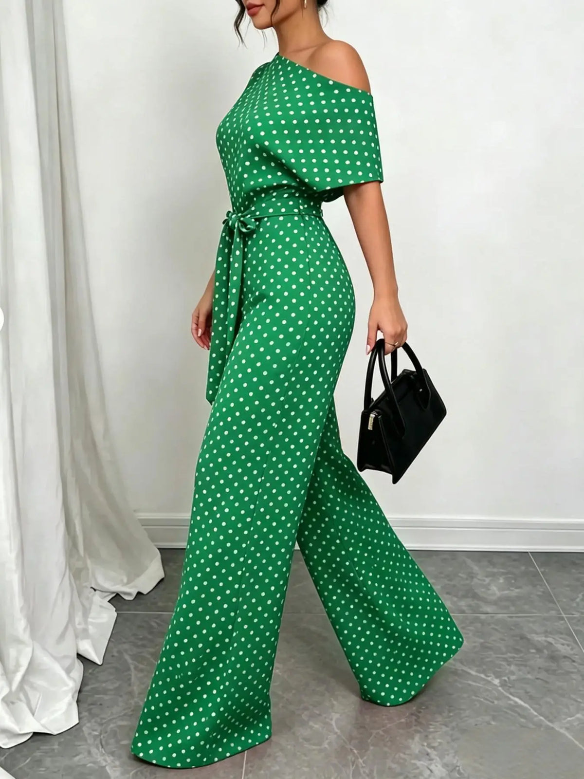 Slanted Shoulder Wide Leg Jumpsuit