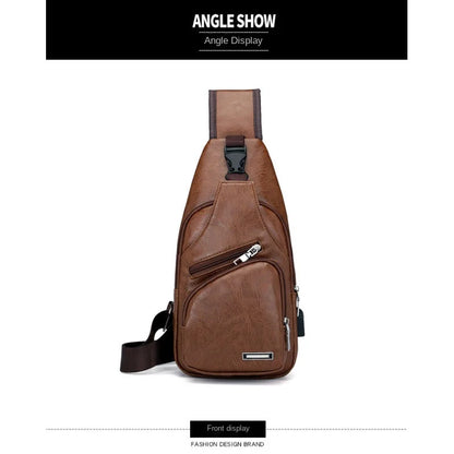 Brown leather sling bag on a white background with 'Angle Show' branding.