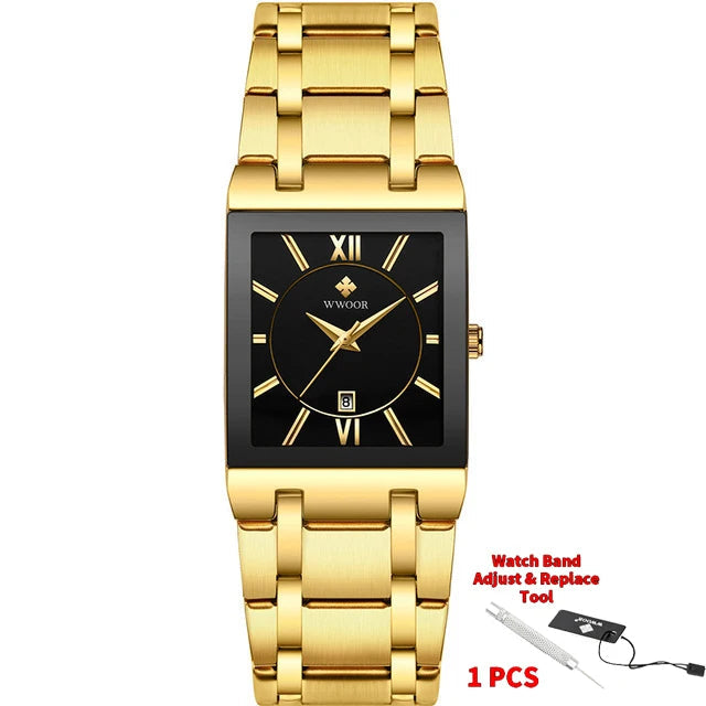 Gold wristwatch with black face and WWOOR branding on a white background