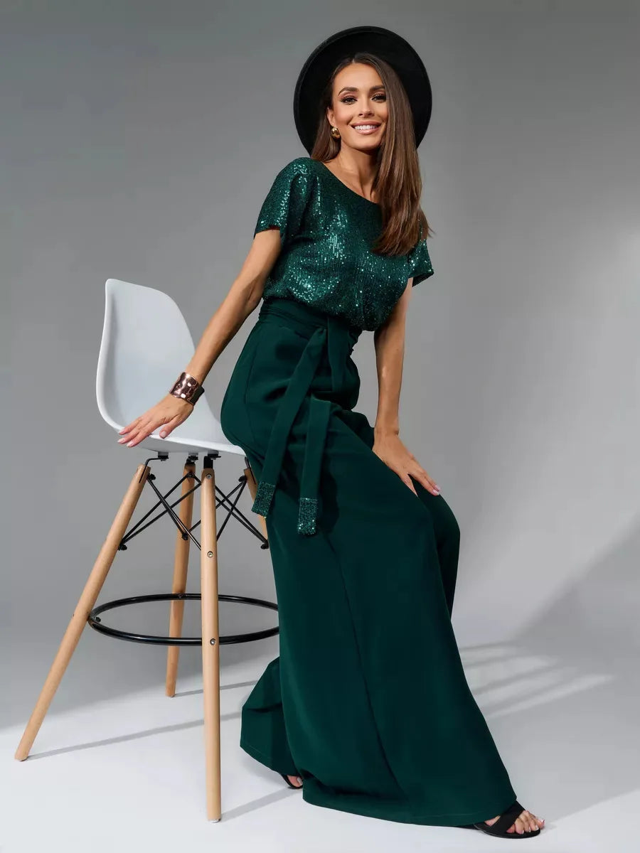 Glittering Sequin Tie Waist Jumpsuit