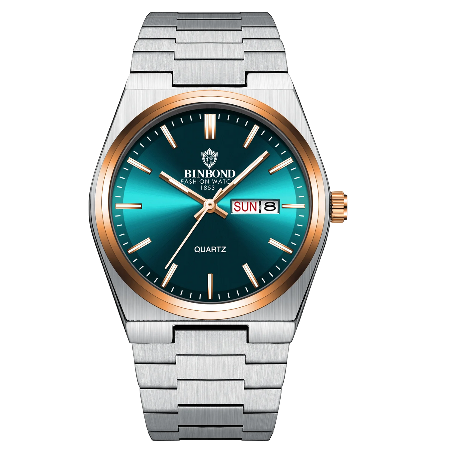 Silver watch with a blue face and gold accents on a white background