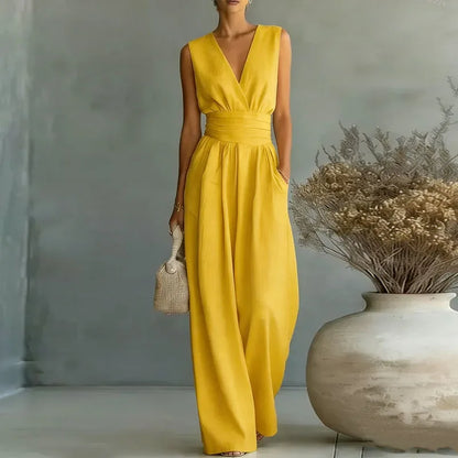 Deep V Wrap Wide Leg Jumpsuit