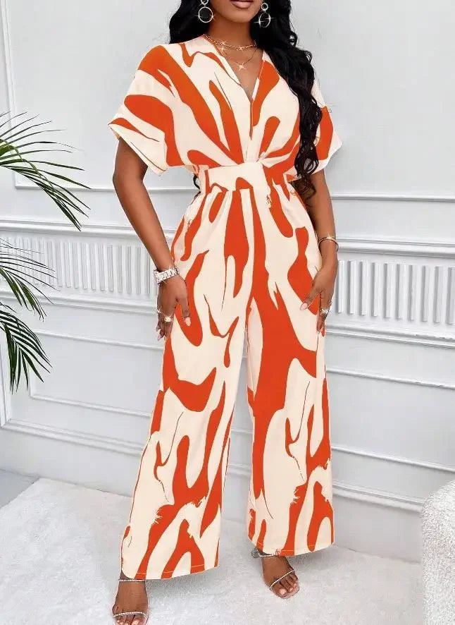 Elegant Printed Batwing Sleeve Jumpsuit