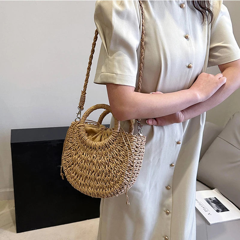 Handwoven Straw Half-Moon Bag