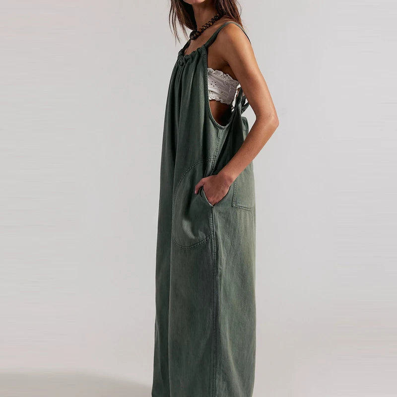 Wide-Leg Denim Overall Jumpsuit