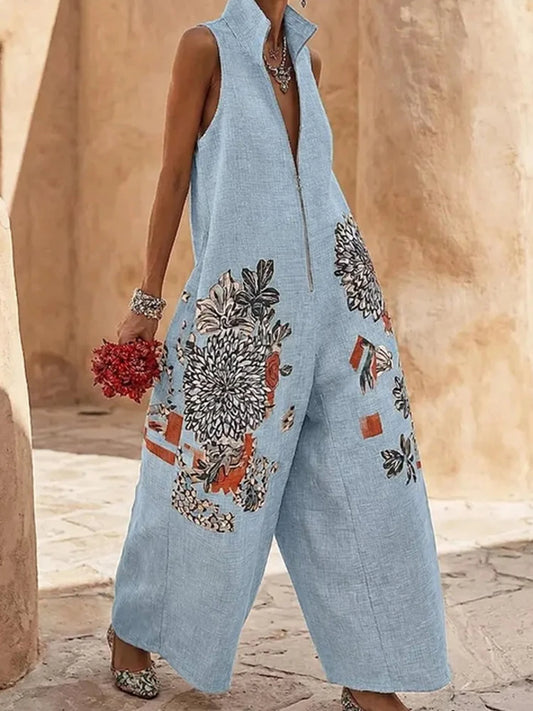 Retro Floral Stand Collar Zipper Wide-Leg Jumpsuit
