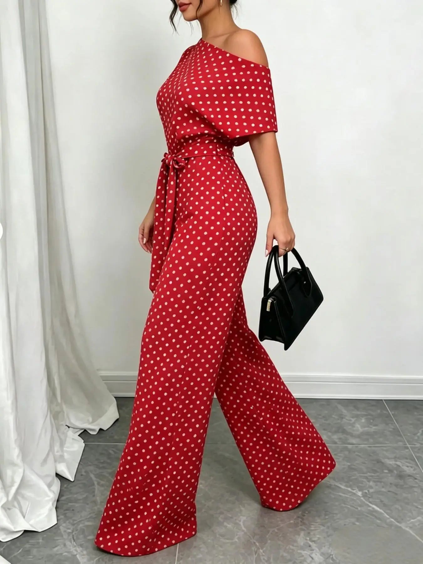 Slanted Shoulder Wide Leg Jumpsuit