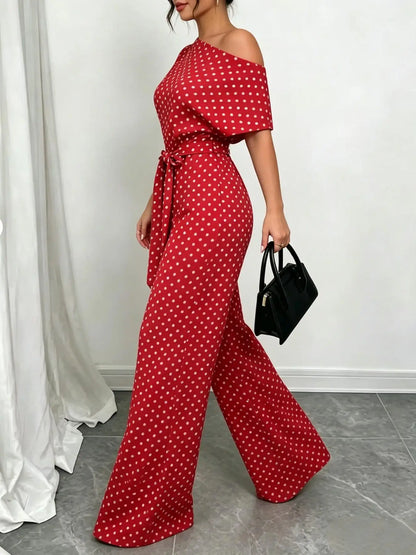 Slanted Shoulder Wide Leg Jumpsuit