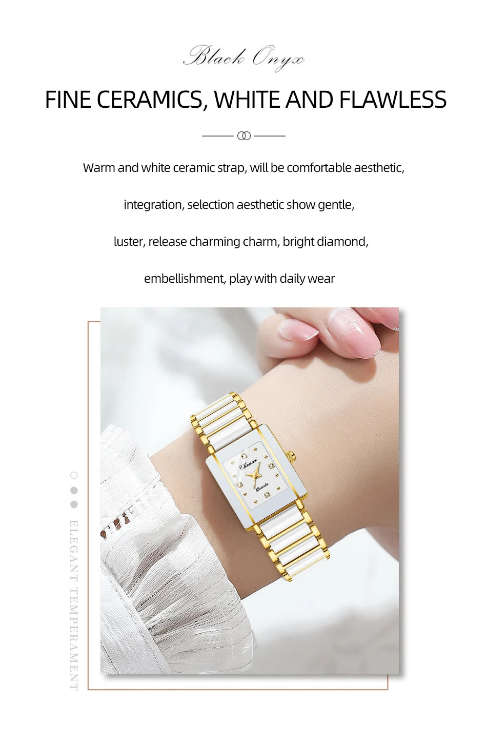White ceramic watch with gold accents on a wrist, with text about the product's features.