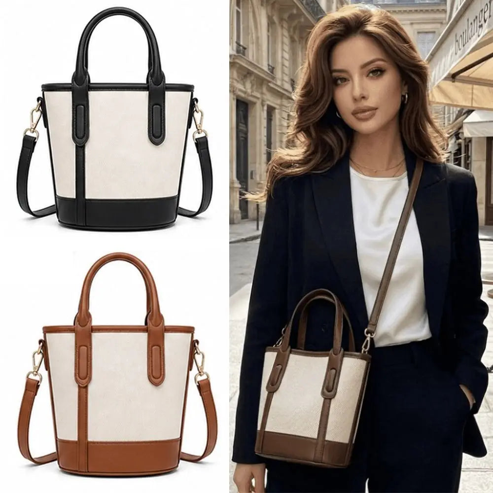 Three views of a structured tote handbag: a black-and-cream top-left, a brown-and-cream bottom-left, and a woman wearing a dark blazer and white top carrying a brown-and-cream bag on the right. The bag has dual top handles, a detachable shoulder strap, and a cream canvas-like body with contrasting dark and tan leather trim.