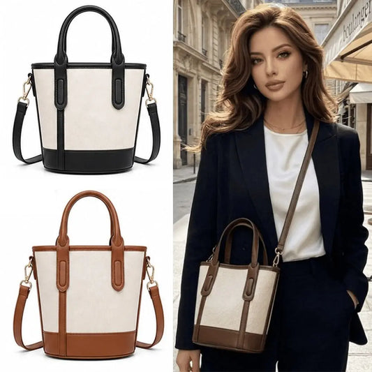 Three views of a structured tote handbag: a black-and-cream top-left, a brown-and-cream bottom-left, and a woman wearing a dark blazer and white top carrying a brown-and-cream bag on the right. The bag has dual top handles, a detachable shoulder strap, and a cream canvas-like body with contrasting dark and tan leather trim.