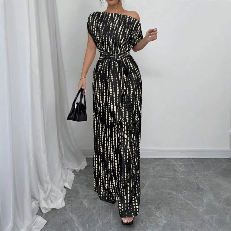 Slanted Shoulder Wide Leg Jumpsuit