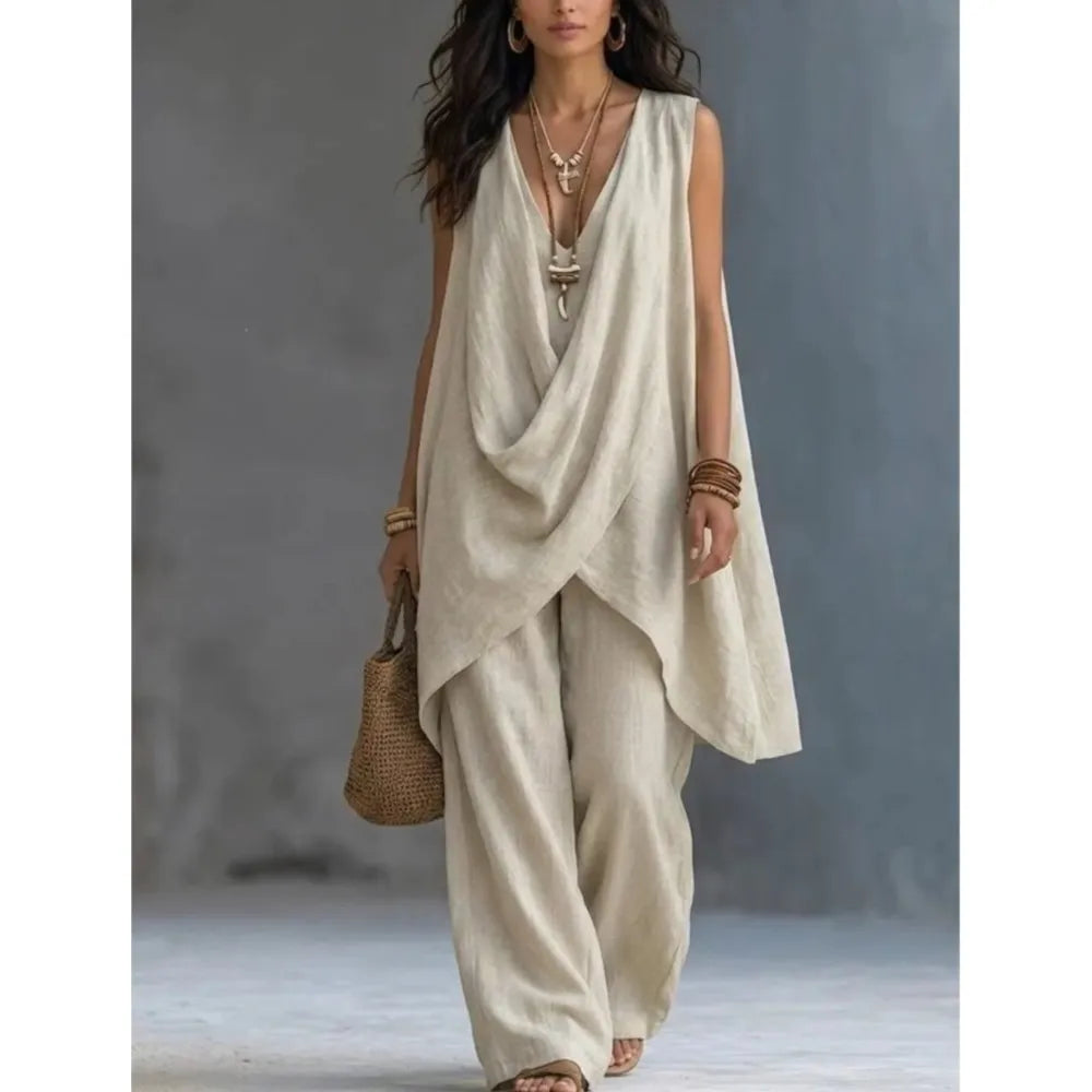 Women's Sleeveless Asymmetrical Linen Blend Set