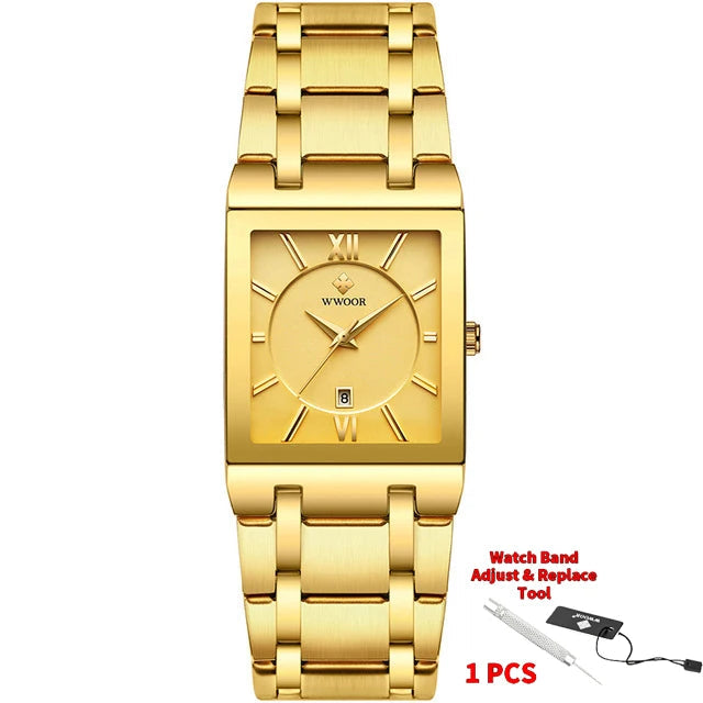 Gold wristwatch with WWOOR branding on a white background