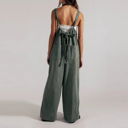 Wide-Leg Denim Overall Jumpsuit