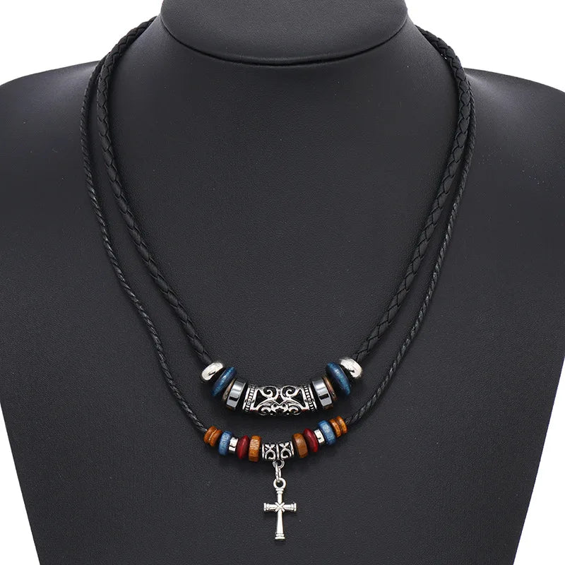 Boho Cross Layered Leather Necklace