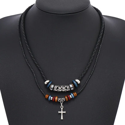 Boho Cross Layered Leather Necklace