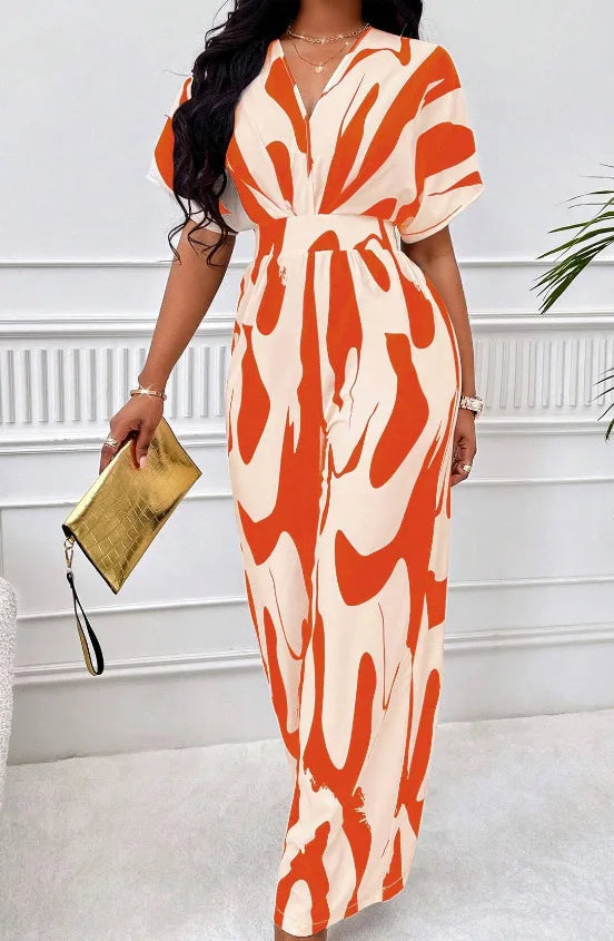 Elegant Printed Batwing Sleeve Jumpsuit