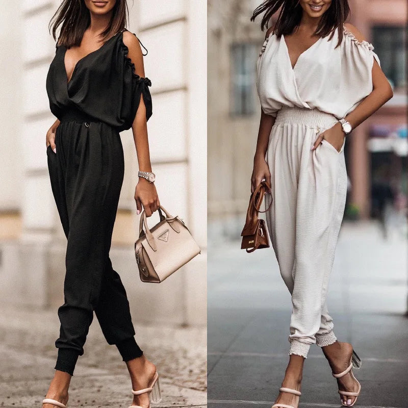 Chic Short Sleeve Open-Back Jumpsuit