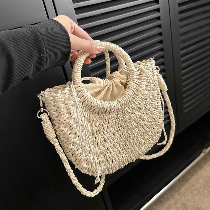 Handwoven Straw Half-Moon Bag