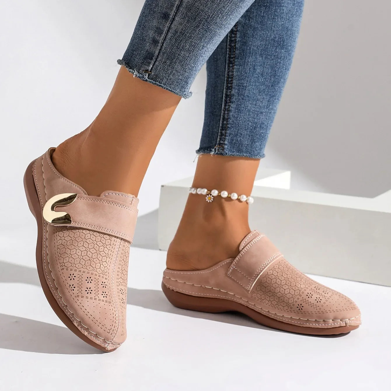 Quilted Buckle Wedge Mule Sandals