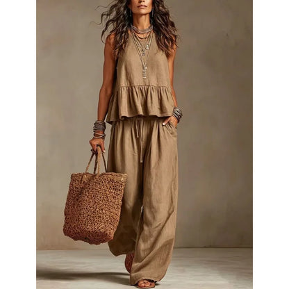 Women's Boho Linen Wide Leg Pant Set